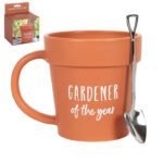 Keramische mok in bloempotvorm met scheplepel "Gardener of the Year" in geschenksdoos