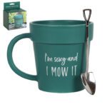 Keramische mok in bloempotvorm met scheplepel "Sexy and I Mow It" in geschenksdoos