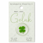 Geluksmuntje klavertje 4 "Heel veel geluk" op kaart (9x5,5cm)