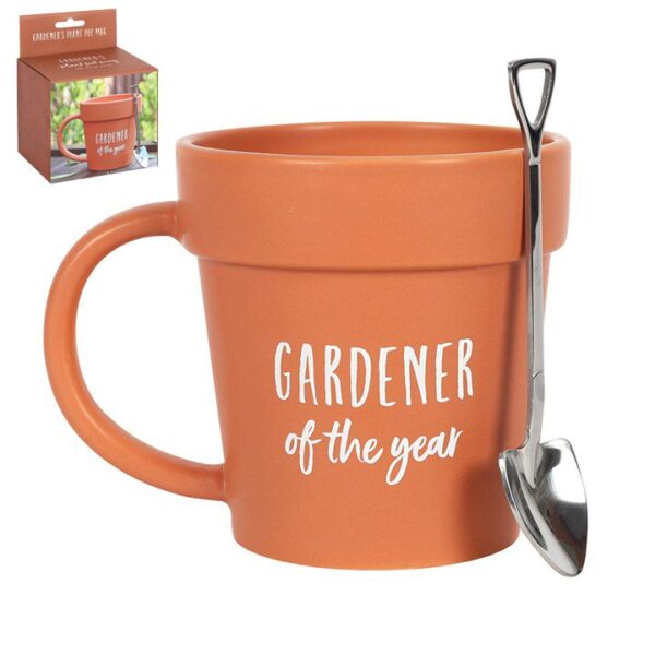 Keramische mok in bloempotvorm met scheplepel "Gardener of the Year" in geschenksdoos