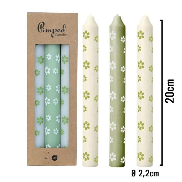 Kaarsen Bloemetjes Groen (Set van 3) 20cm Ø2,2cm