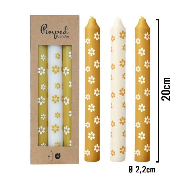 Kaarsen Bloemetjes Oker (Set van 3) 20cm Ø2,2cm