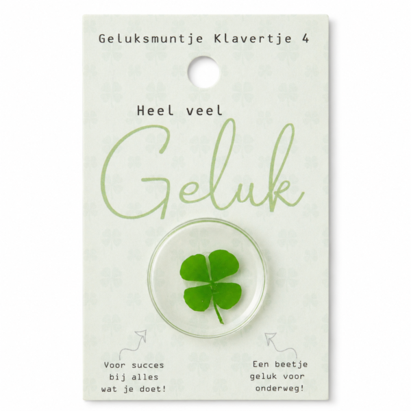Geluksmuntje klavertje 4 "Heel veel geluk" op kaart (9x5,5cm)