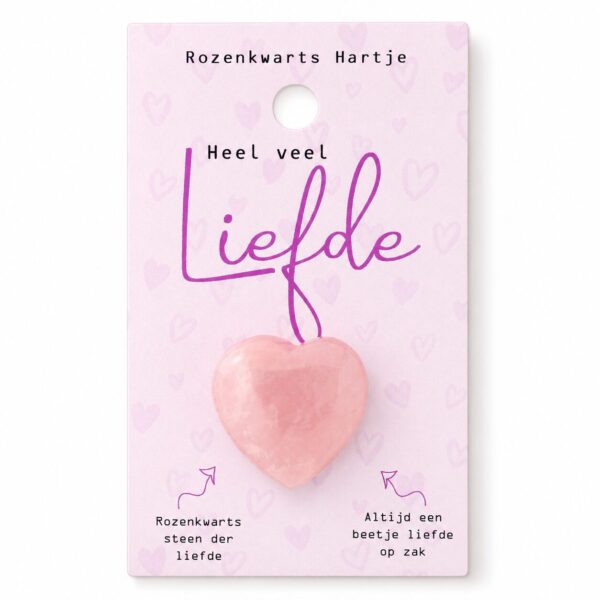 Rozenkwarts hartje "Heel veel liefde" op kaart (9x5,5cm)