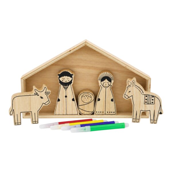 Houten kerststal om zelf in te kleuren 6-delig (20x12cm)