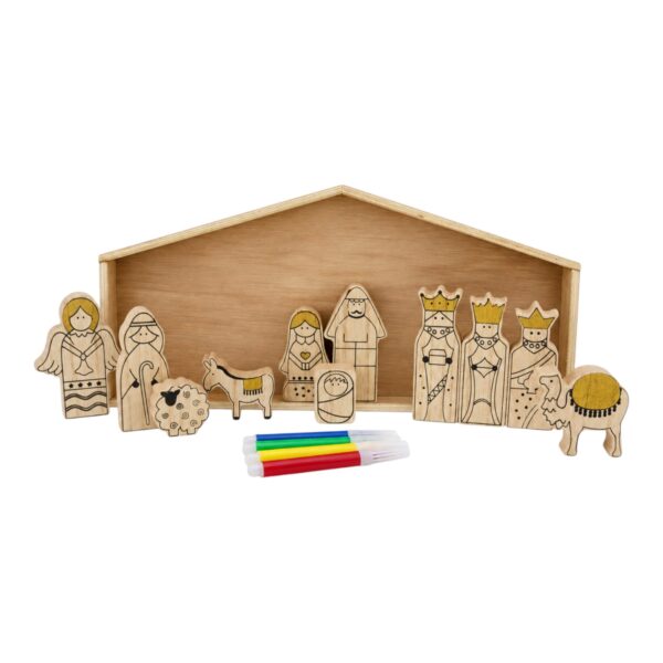 Houten kerststal om zelf in te kleuren 11-delig (30x15cm)
